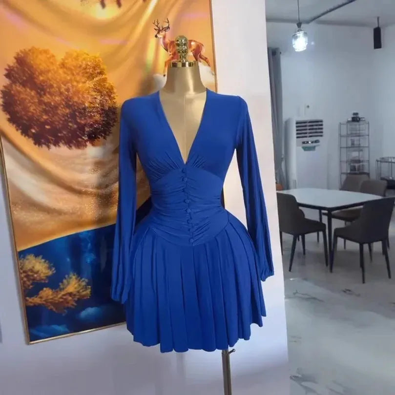 Women's Pleated Deep V Neck Mini Dress