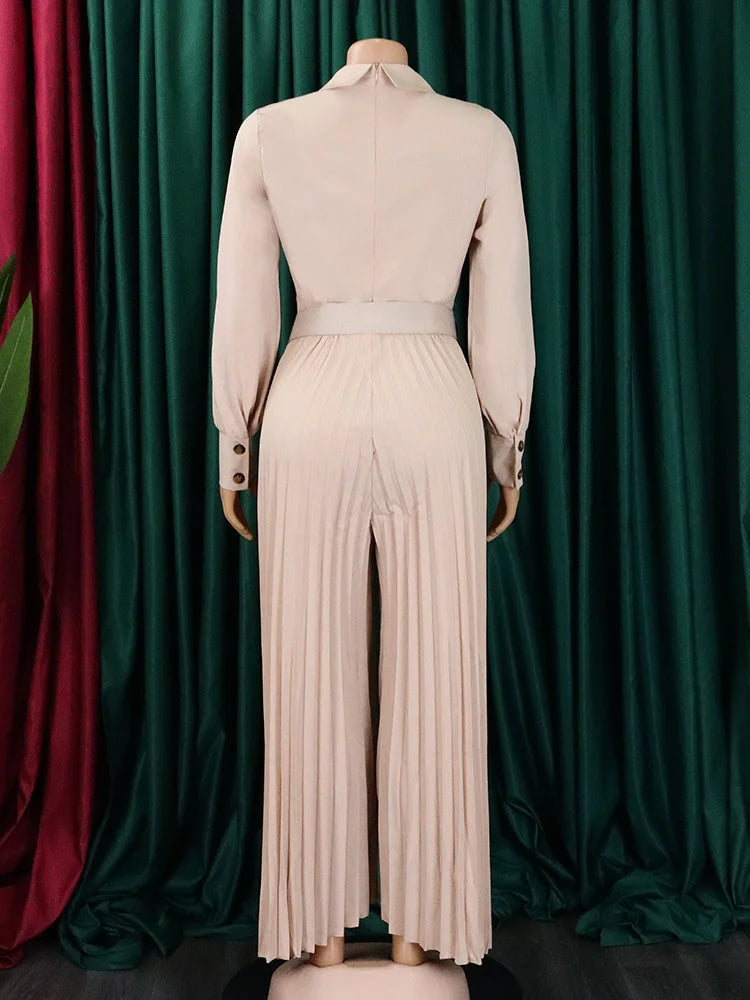 Breasted Lapel Pleated Maxi Romper Jumpsuit with Belt