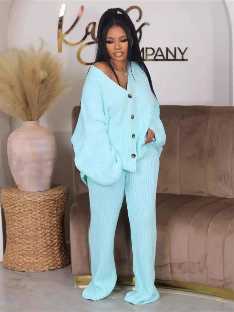 Fitness Outfit Loose Stretch Knitted Top  Pants Set