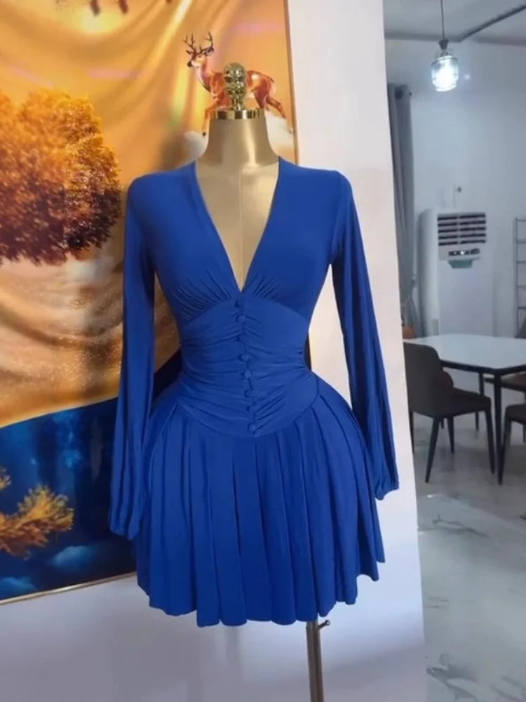 Women's Pleated Deep V Neck Mini Dress