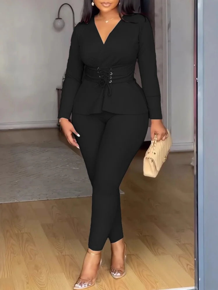 Women's  Solid Long Sleeve 2-Piece Set