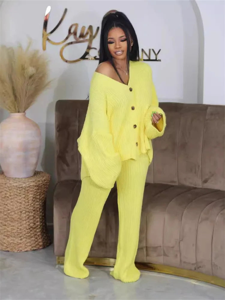 Fitness Outfit Loose Stretch Knitted Top  Pants Set