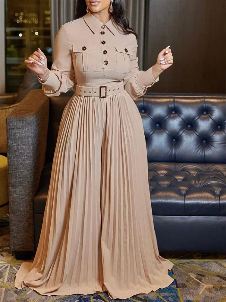 Breasted Lapel Pleated Maxi Romper Jumpsuit with Belt