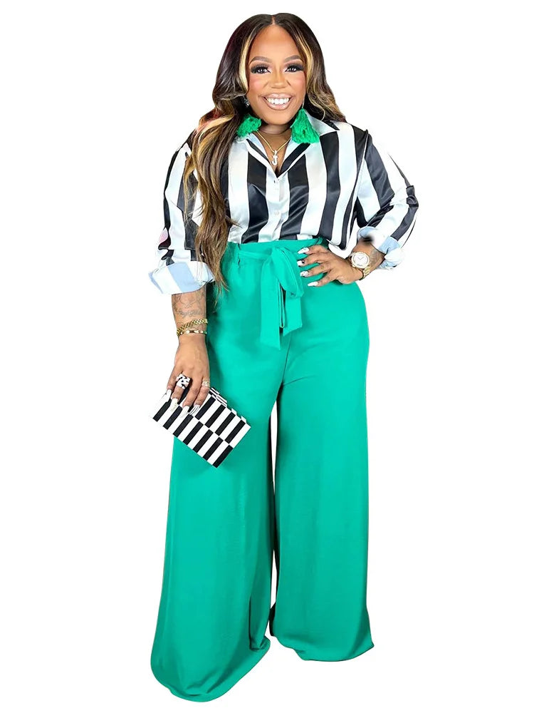 Printed High Waist Long Sleeve Top Wide Leg Pants Set