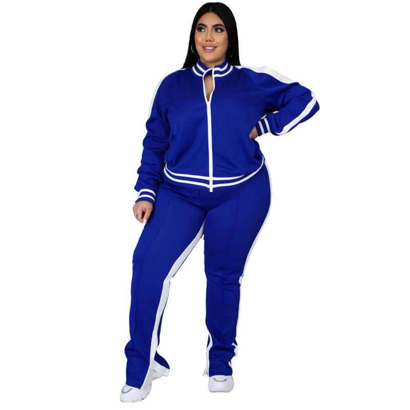 Zip Striped Top Slit Sweatpants Plus Size Matching Set