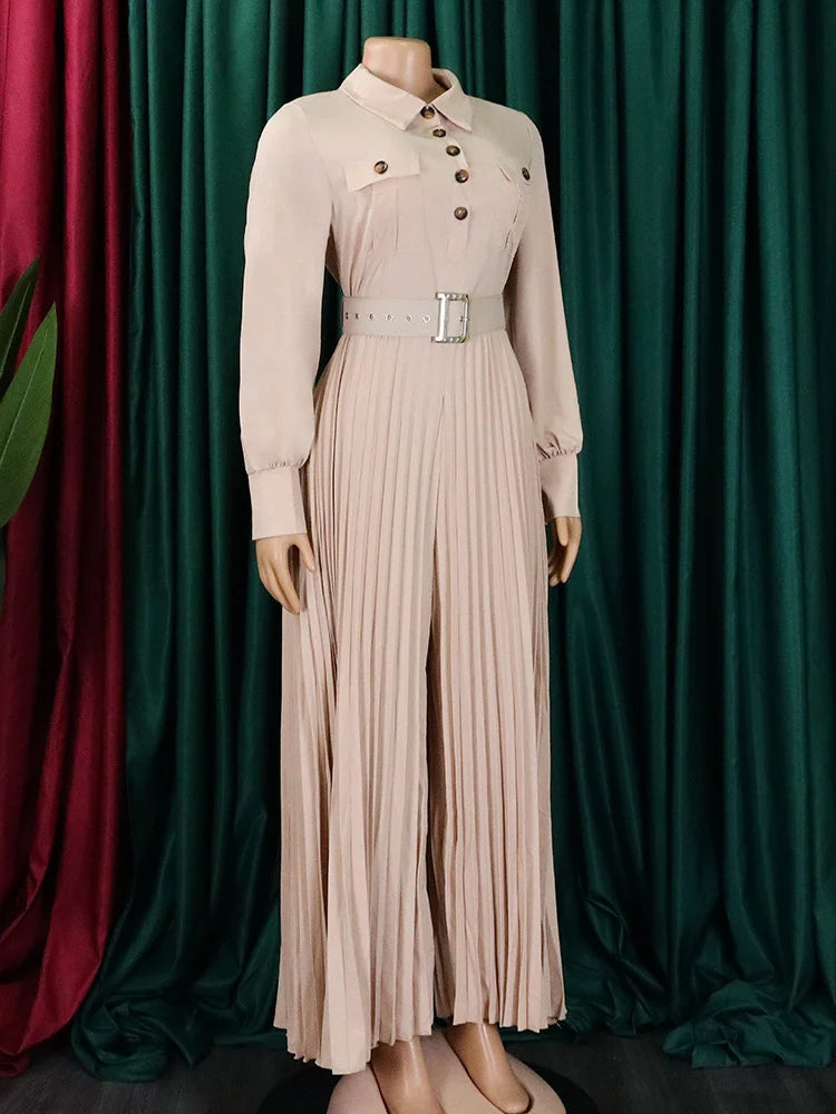 Breasted Lapel Pleated Maxi Romper Jumpsuit with Belt