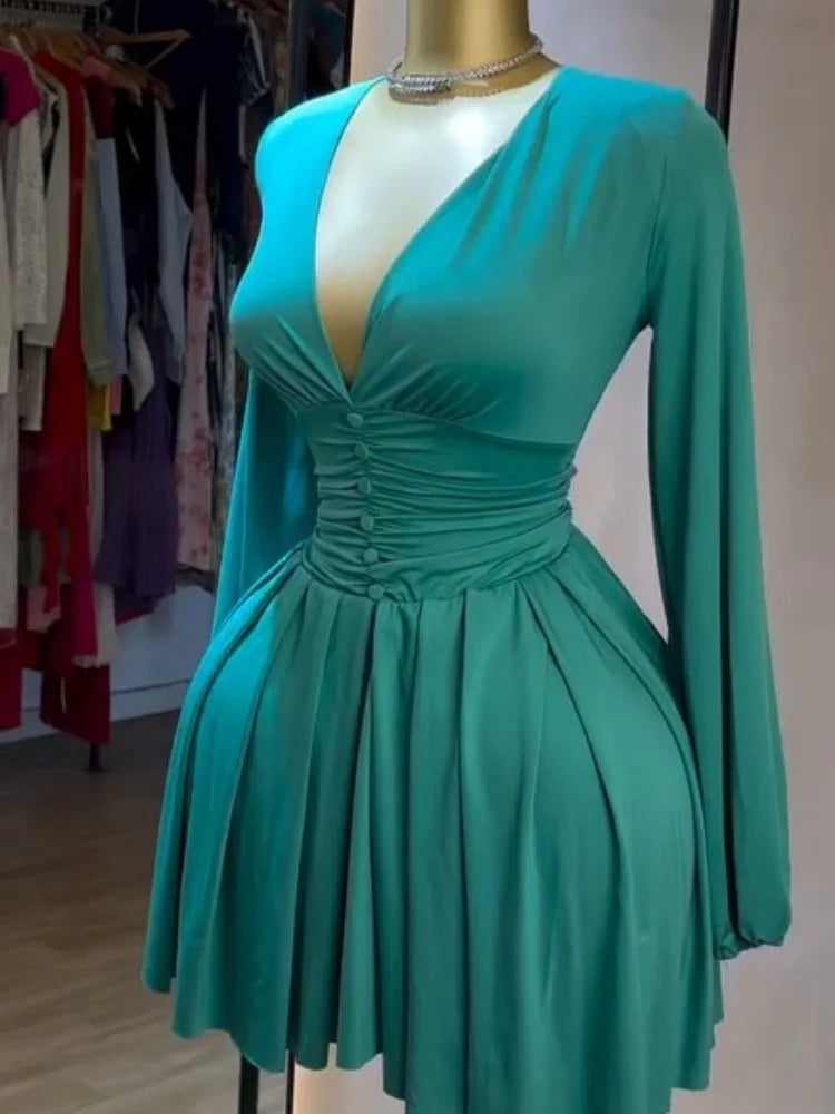 Women's Pleated Deep V Neck Mini Dress