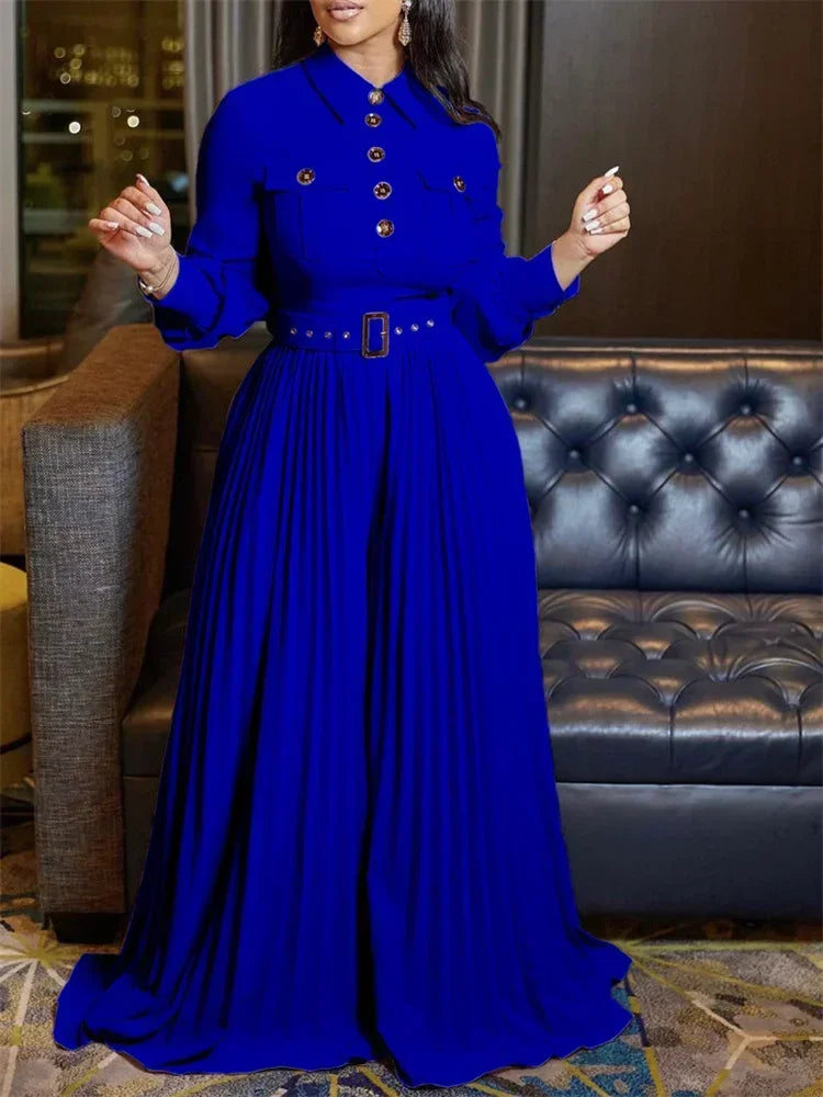 Breasted Lapel Pleated Maxi Romper Jumpsuit with Belt