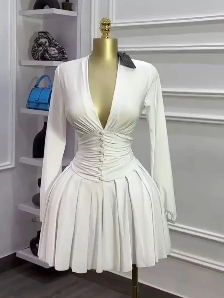 Women's Pleated Deep V Neck Mini Dress