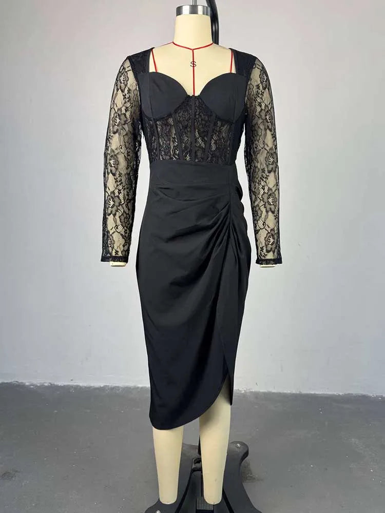 V-Neck Square Collar High-Waisted Dress