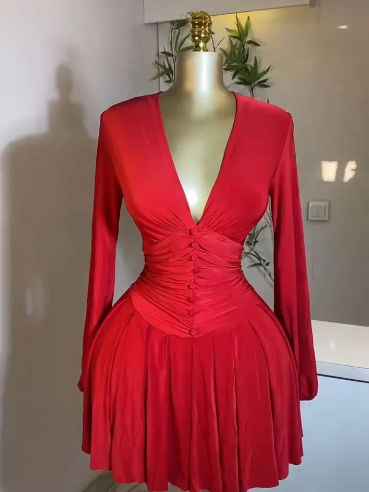 Women's Pleated Deep V Neck Mini Dress