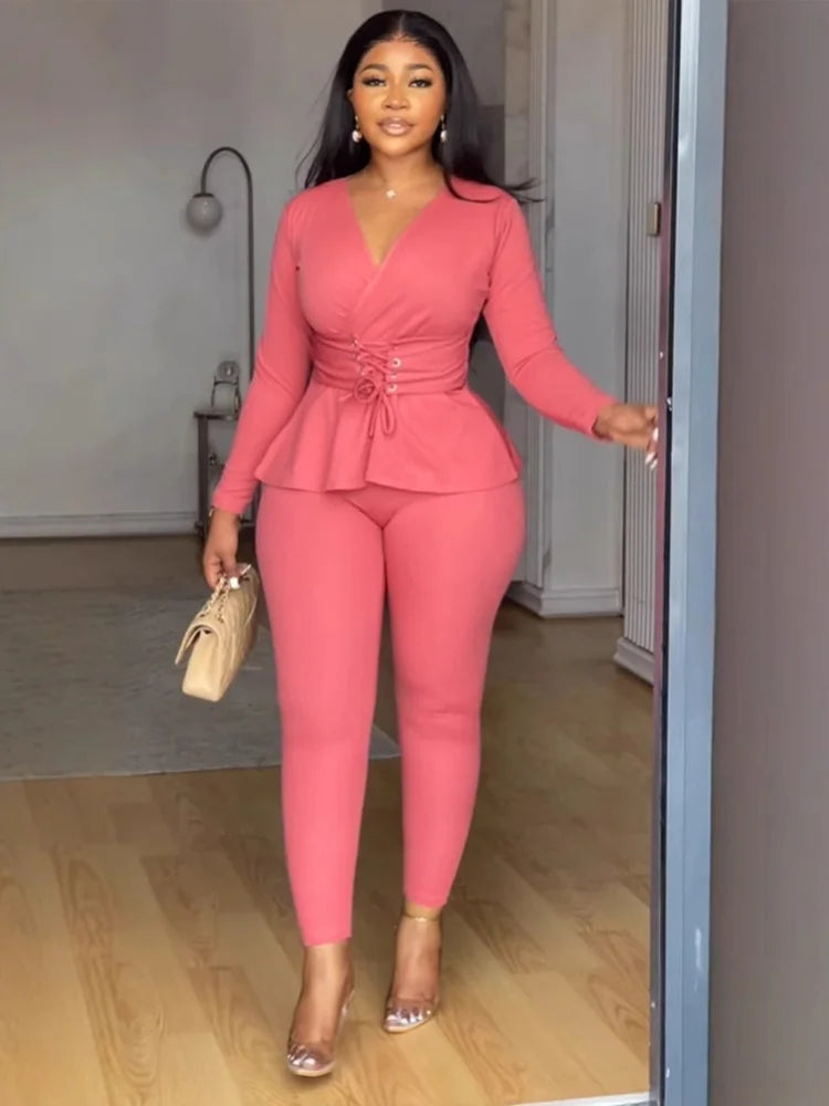 Women's  Solid Long Sleeve 2-Piece Set