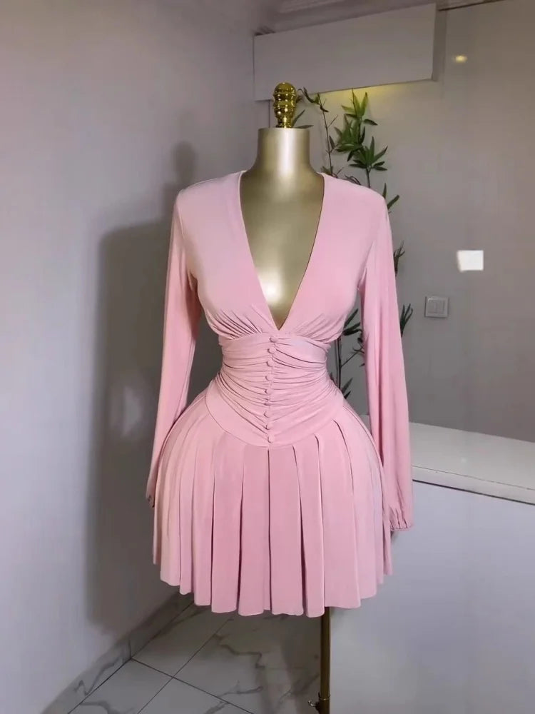 Women's Pleated Deep V Neck Mini Dress