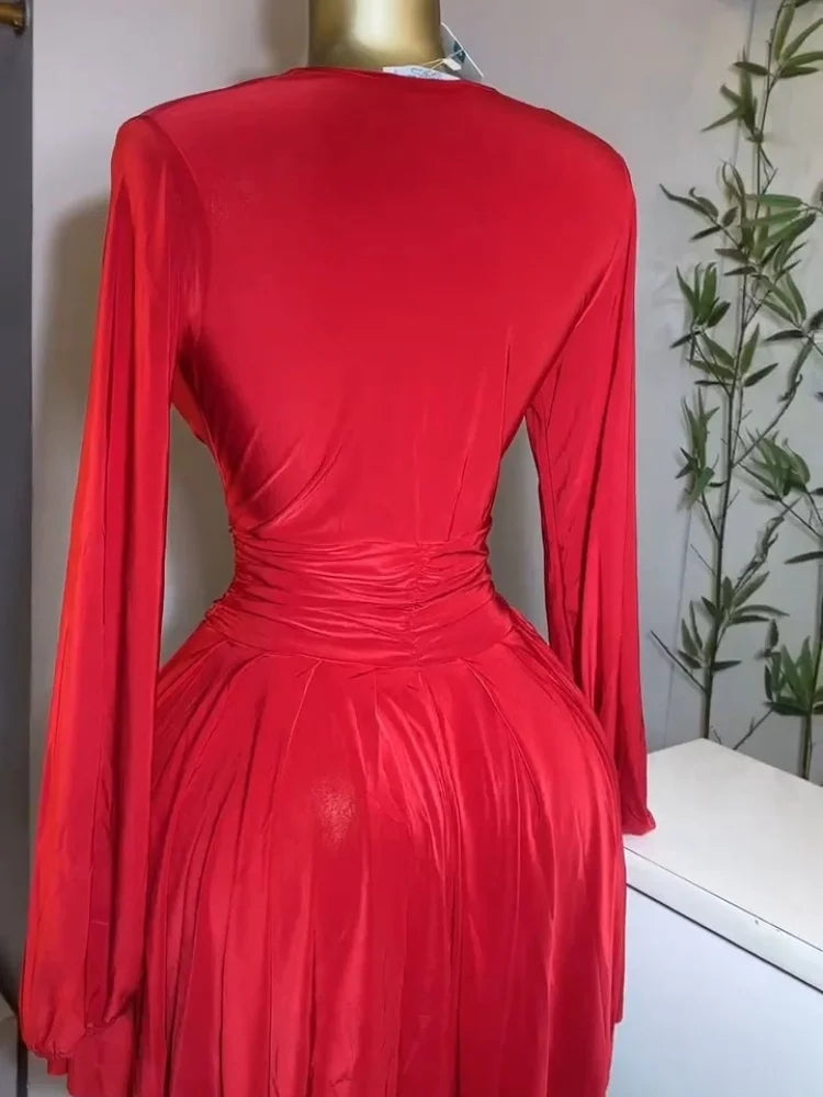 Women's Pleated Deep V Neck Mini Dress