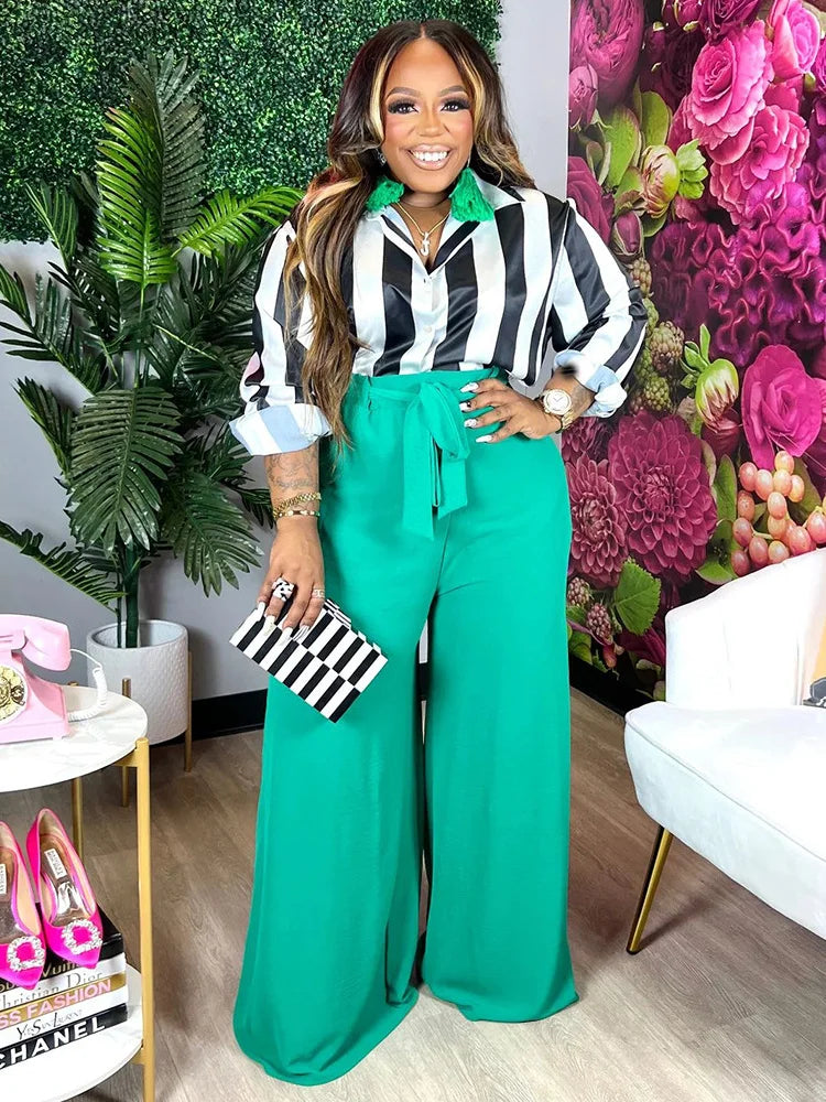 Printed High Waist Long Sleeve Top Wide Leg Pants Set