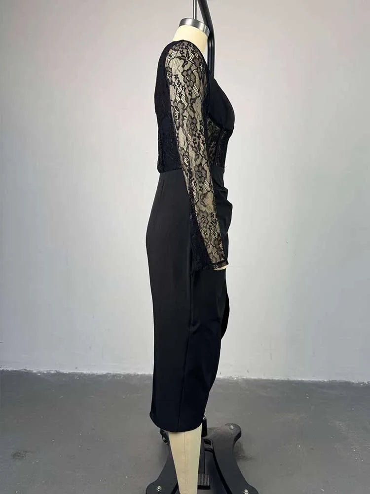 V-Neck Square Collar High-Waisted Dress