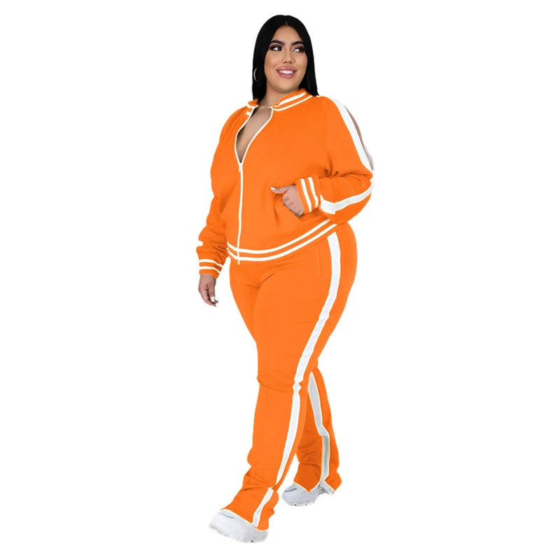 Zip Striped Top Slit Sweatpants Plus Size Matching Set