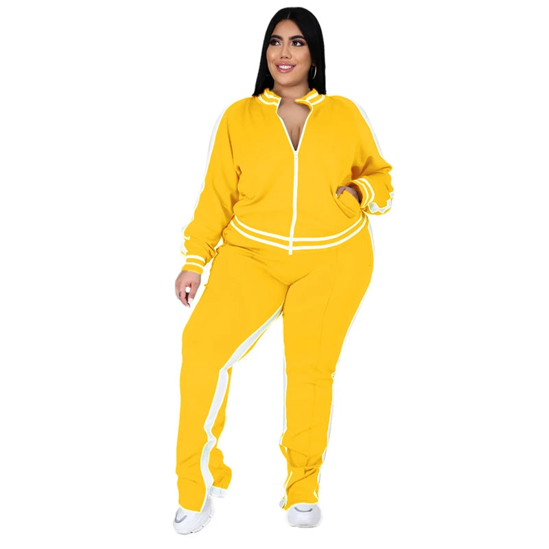 Zip Striped Top Slit Sweatpants Plus Size Matching Set