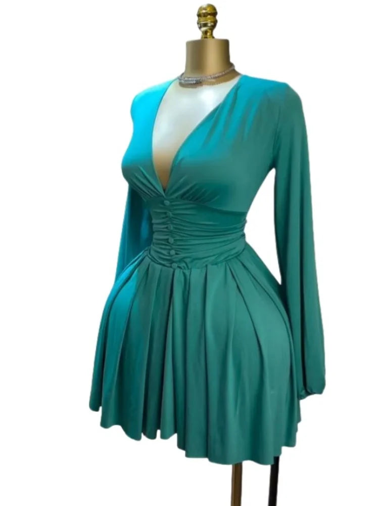 Women's Pleated Deep V Neck Mini Dress