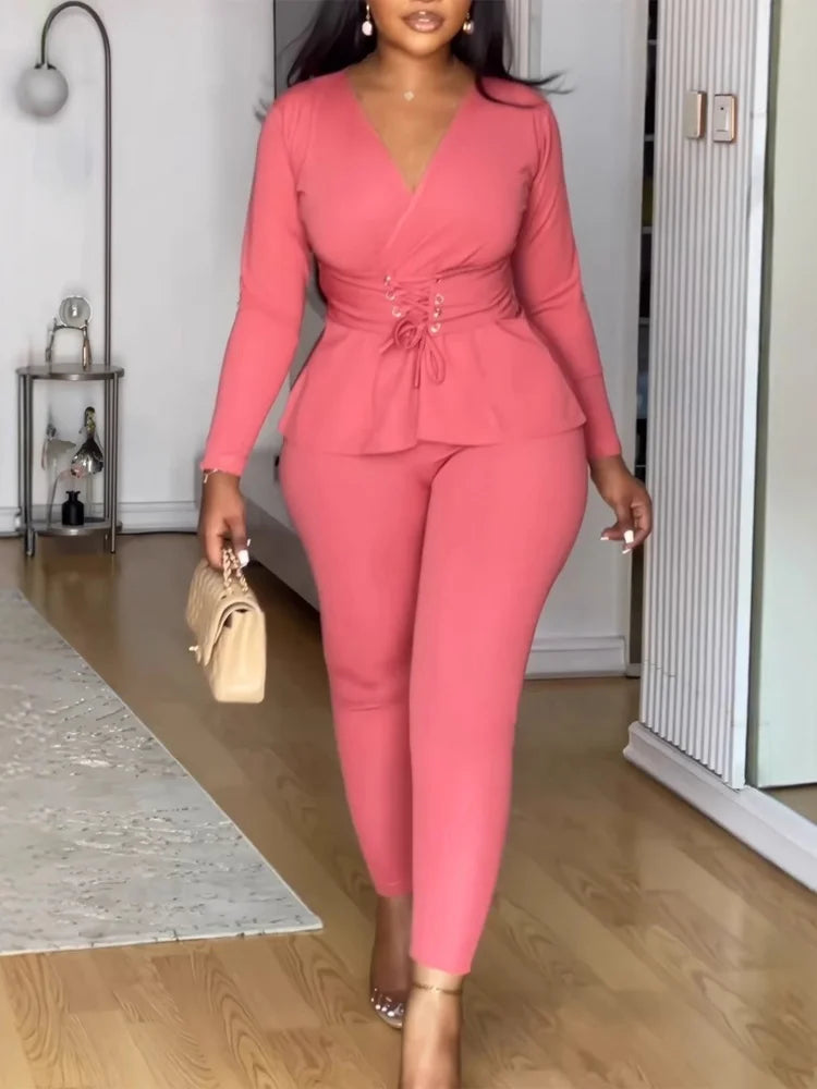 Women's  Solid Long Sleeve 2-Piece Set