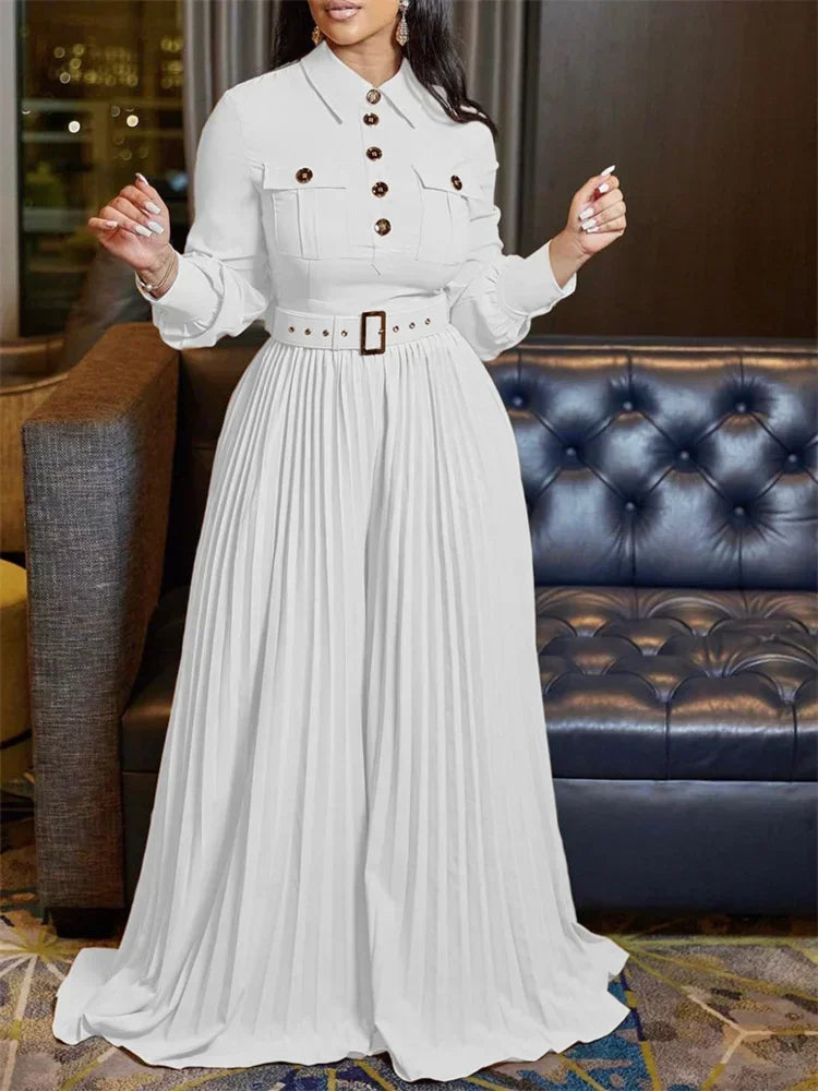 Breasted Lapel Pleated Maxi Romper Jumpsuit with Belt