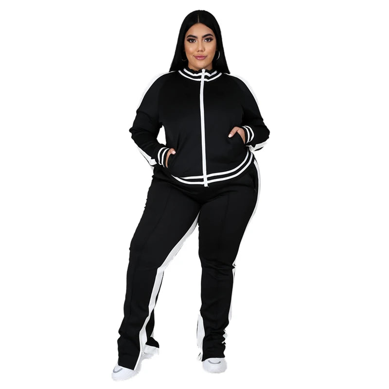 Zip Striped Top Slit Sweatpants Plus Size Matching Set