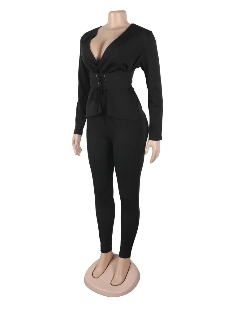 Women's  Solid Long Sleeve 2-Piece Set