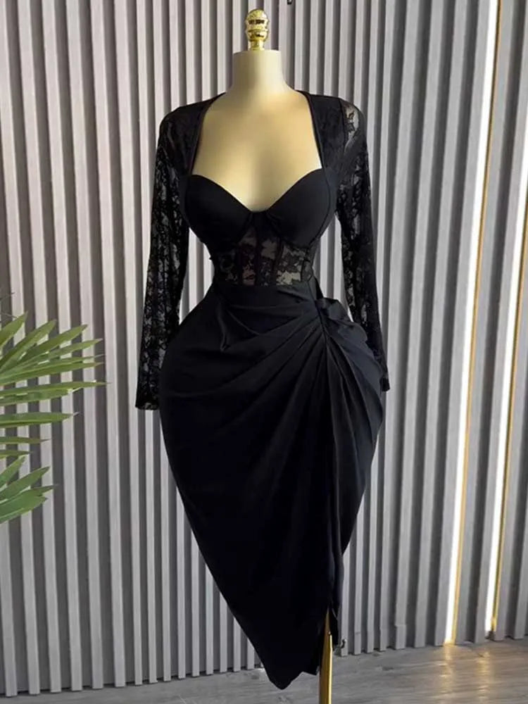 V-Neck Square Collar High-Waisted Dress