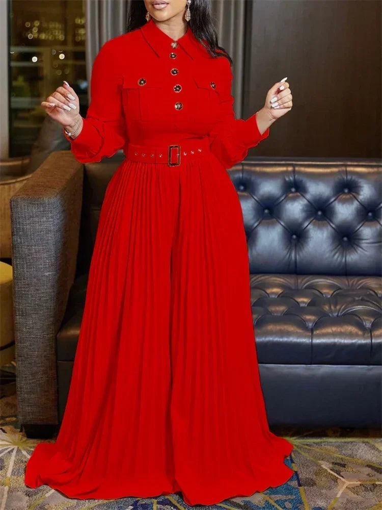 Breasted Lapel Pleated Maxi Romper Jumpsuit with Belt