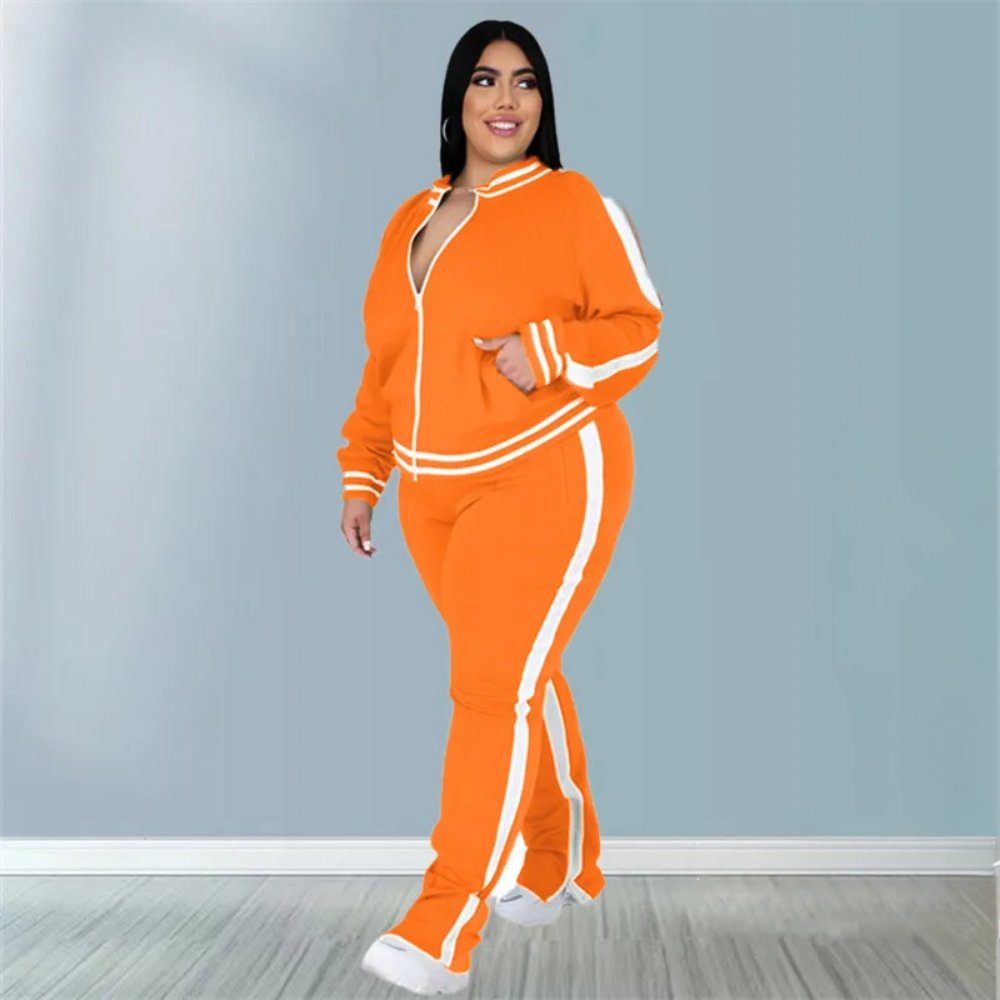Zip Striped Top Slit Sweatpants Plus Size Matching Set