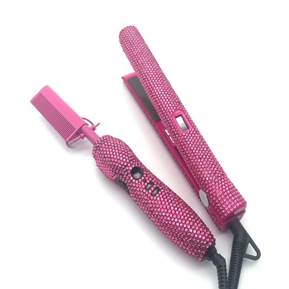 Factory Selling Diamond Flat Iron Set Pink Bling Hot Comb Kit Titanium Hair Styling Tools