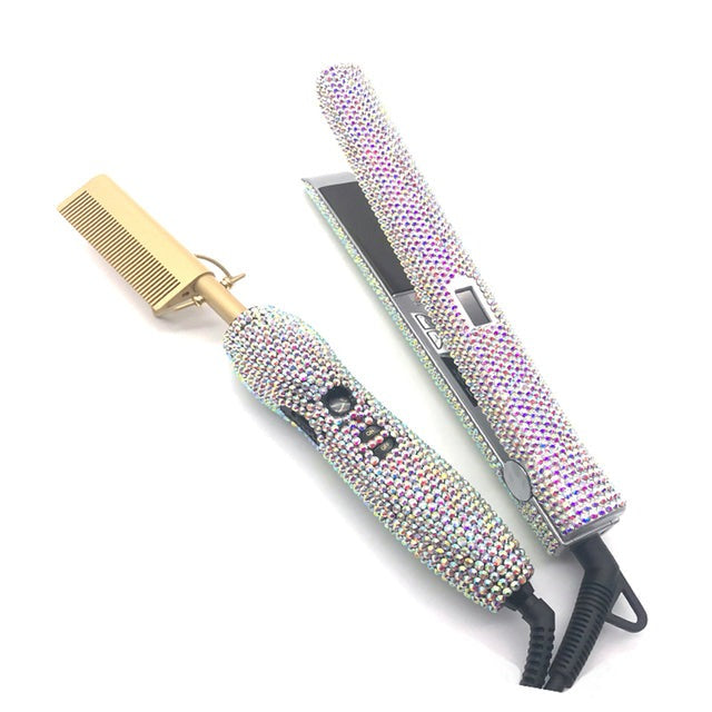 Factory Selling Diamond Flat Iron Set Pink Bling Hot Comb Kit Titanium Hair Styling Tools